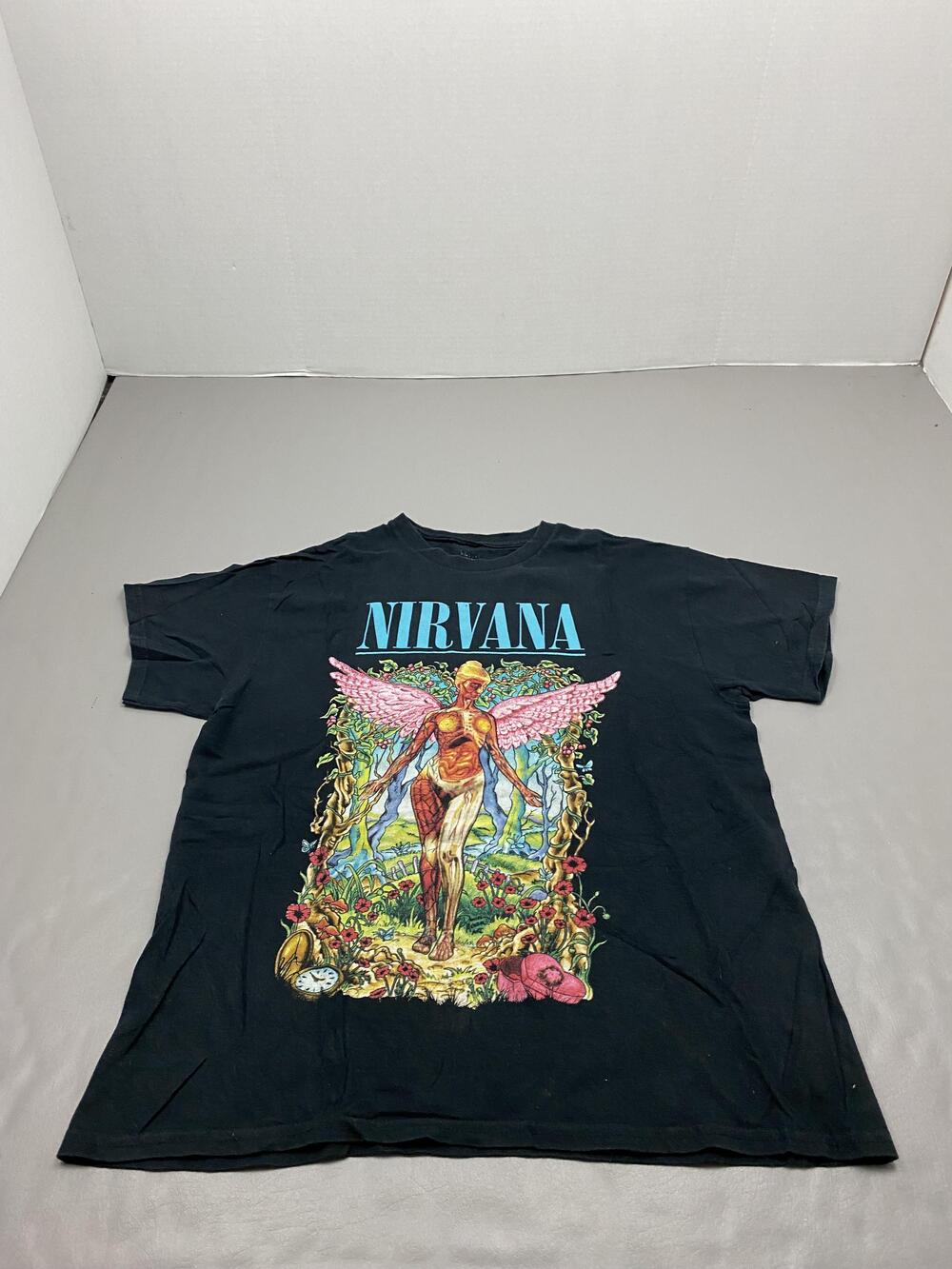 Nirvana Shirt Mens L Black Angel Graphic Band Tee Cotton Tagless Relaxed Fit